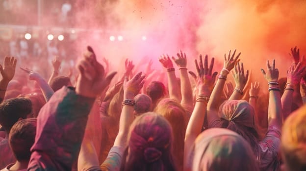 Crowd throwing bright coloured powder paint in the air, Holi Festival. Ai Generative.