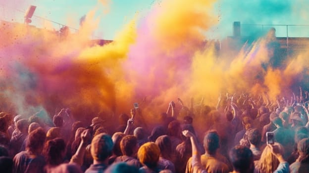 Crowd throwing bright coloured powder paint in the air, Holi Festival. Ai Generative.