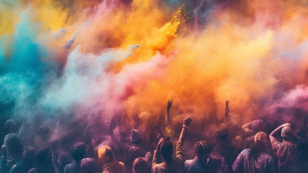 Crowd throwing bright coloured powder paint in the air, Holi Festival. Ai Generative.