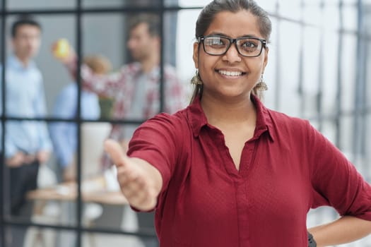 Smiling female executive manager, secretary offering professional business services