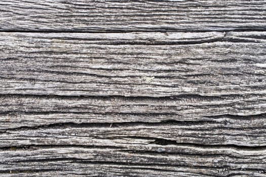 Close-up of wood planks aged outdoors and very textured with gray tones.