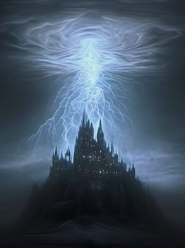 A spooky castle, where lightning strikes several times. Castle with lightning bolts. Generative AI.