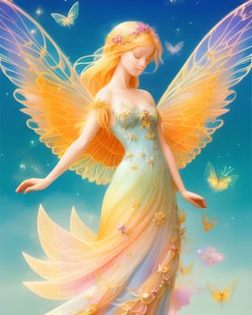 A fairy with golden hair and wings and a flowery dress. Generative AI.