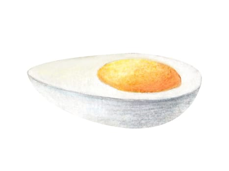 Watercolor painting of boiled scrambled egg illustration isolated on white background. Half of egg omelette for breakfast. Hand drawn ingredients for restaurant menu, receipt, label, brunch.