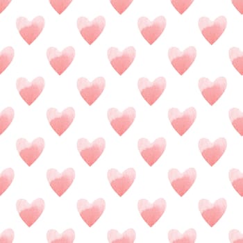 Seamless pattern with bright pink hand painted watercolor hearts. Romantic decorative background perfect for Valentine's day gift paper, wedding decor or fabric textile