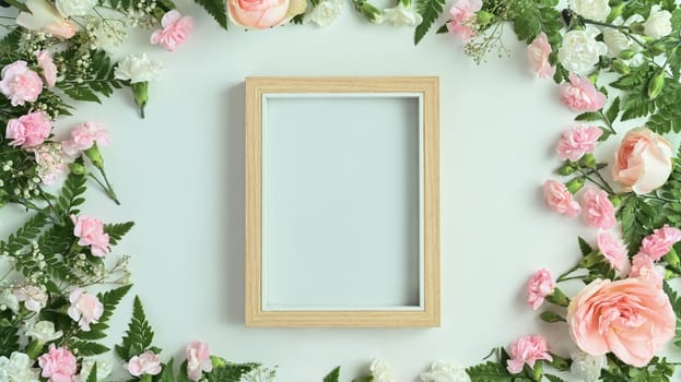Blank wooden picture frame with pink rose, carnation and fern leaves on white background. Spring floral background.