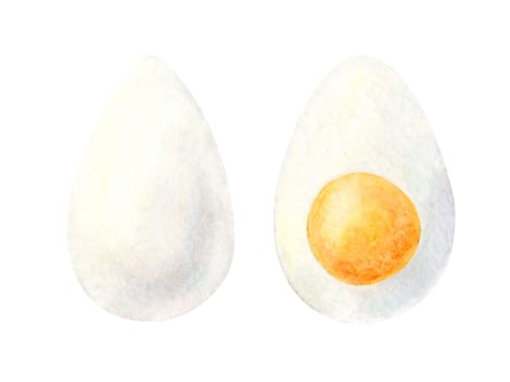 Watercolor painting set of boiled eggs illustration isolated on white background. Half of sliced egg for breakfast. Hand drawn ingredients for restaurant menu, receipt, label, packaging design.