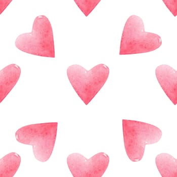 Seamless pattern with bright pink hand painted watercolor hearts. Romantic decorative background perfect for Valentine's day gift paper, wedding decor or fabric textile