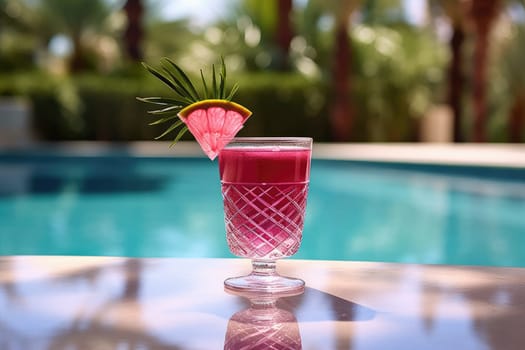 delicious pink refreshing cocktail in tall glass. , swimming pool background. AI Generative
