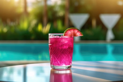 delicious pink refreshing cocktail in tall glass. , swimming pool background. AI Generative