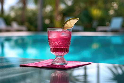 delicious pink refreshing cocktail in tall glass. , swimming pool background. AI Generative
