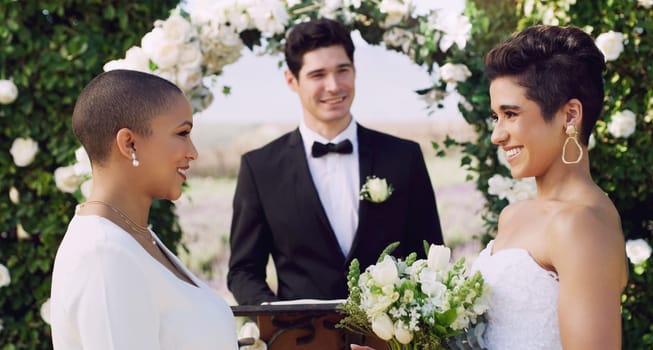 Love, gay and lgbtq with lesbian couple at wedding for celebration, happy and pride. Smile, spring and marriage ceremony with women at event for partner commitment, queer, romance and freedom.