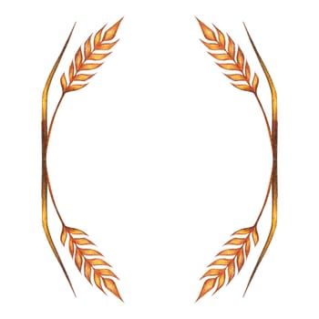 Watercolor ears of wheat frame border illustration isolated on white background. Template for decorating designs and illustrations.