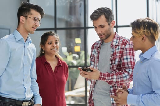 business and technology concept business team with smartphones in office