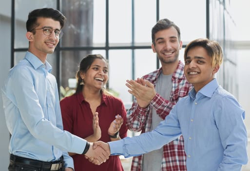 Businessman, partnership and shaking hands for human resources, hiring or greeting in workplace