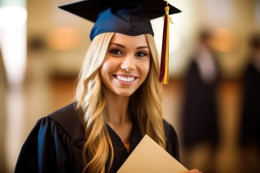 education, graduation and people concept . happy graduate student woman in mortarboard and bachelor gown with diploma. AI Generative