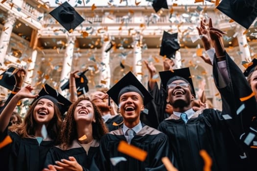 Graduation Caps Thrown in the Air, Graduates celebrating and screaming, AI Generative