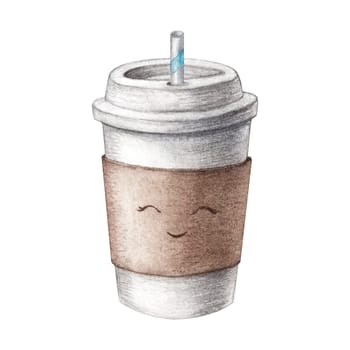 Hand drawn watercolor cardboard paper cute coffee cup with a tubule, take away, isolated on white background. Food illustration, coffee to go. Watercolor painting. High quality illustration