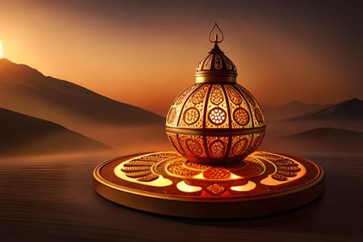 3D rendering indian lamp for diwali celebration on soft background ethereal. Colorful particle effects in the background. Gold filigree on a indian lamp. AI-generated Digital Art