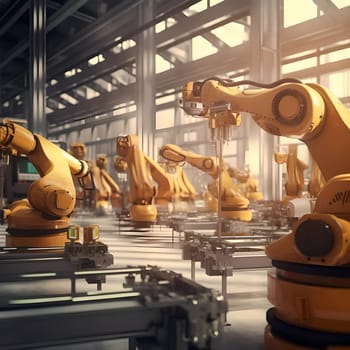 A group of orange industrial robots in the interior of the plant