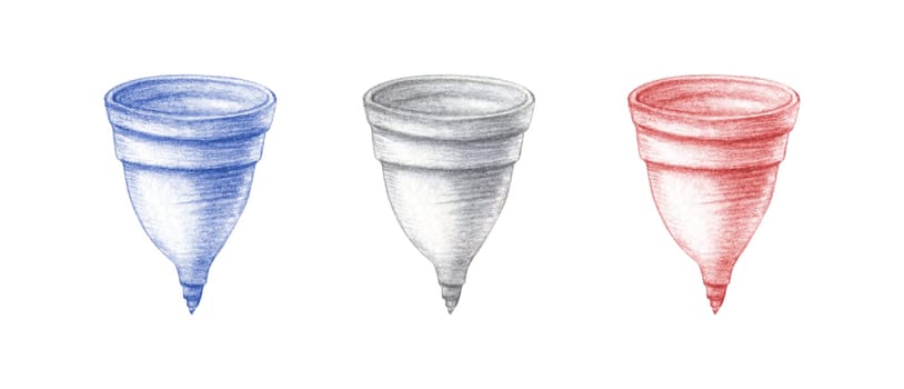 Watercolor set of hand painted transparent silicone menstrual cup illustration. Zero waste care. Hand drawn women stuff for periods, menstruation female hygiene product