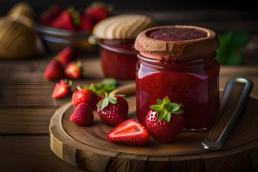 Strawberry jam in the glass jar with berries Generative Ai.