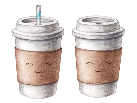 Hand drawn watercolor cardboard paper cute coffee cup set with a tubule straw, take away, isolated on white background. Food illustration, coffee to go. Watercolor painting. High quality illustration