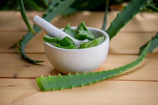 Natural moisturizer for skin care with fresh aloe vera. Selective focus