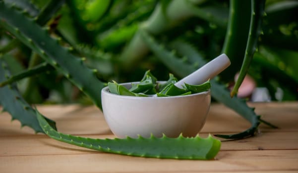 Natural moisturizer for skin care with fresh aloe vera. Selective focus