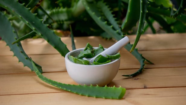 Natural moisturizer for skin care with fresh aloe vera. Selective focus