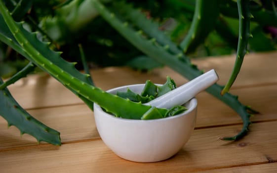 Natural moisturizer for skin care with fresh aloe vera. Selective focus