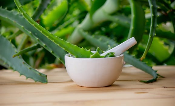 Natural moisturizer for skin care with fresh aloe vera. Selective focus