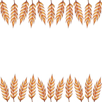 Watercolor ears of wheat frame border illustration isolated on white background. Template for decorating designs and illustrations.