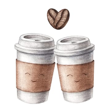 Hand drawn two watercolor cardboard paper cute couple coffee cups love, take away, isolated on white background. Food relationship illustration, coffee to go. Watercolor take out painting
