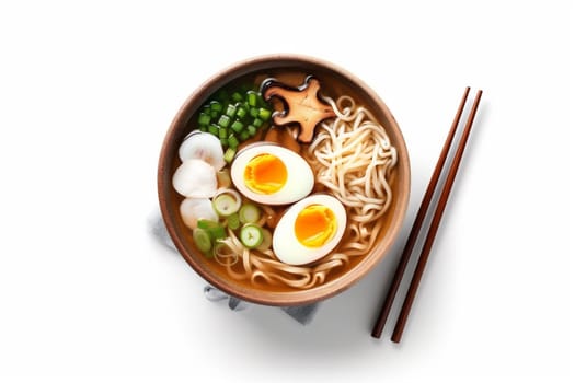 bowl egg white healthy japanese cuisine vegetable ramen food noodle korean asian oriental chicken meal onion background traditional restaurant soup black. Generative AI.