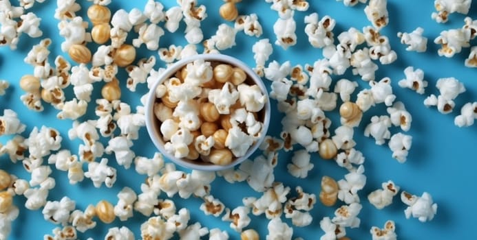 cinema popcorn corn isolated snack box salted carton pop nobody closeup poster food shot white salty sweet entertainment blue background paper. Generative AI.
