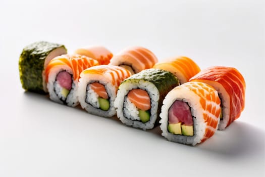 seafood set sushi background meal japanese fish tasty wasabi roll food dish sushi-bar rice japan seaweed white background healthy delicacy california. Generative AI.