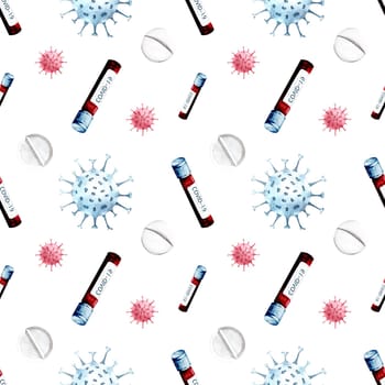 Watercolor hand drawn coronavirus medical supplies seamless pattern. Watercolour health care background with drugs, sanitizers, pills, covid-19 vaccine and tests isolated on white background.