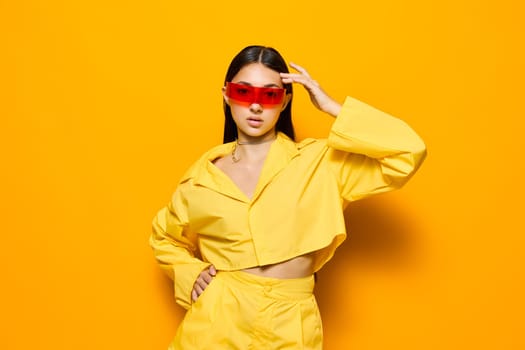 fun woman pretty sunglasses long girl lifestyle modern glasses caucasian fashion yellow beautiful person romance joy young attractive happy expression trendy hair