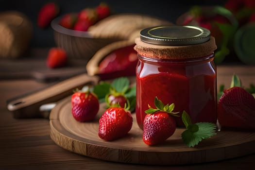 Strawberry jam in the glass jar with berries Generative Ai.