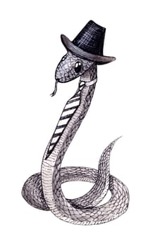 Hand drawn cute snake black and white kids children cartoon ink illustration in a hat and a tie isolated on white background
