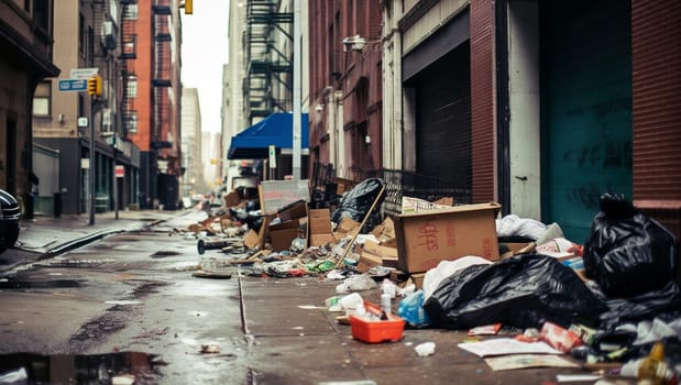 Garbage and piles of junk in city street, old damaged neighbourhood needs cleaning messy