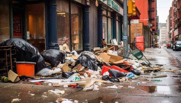 Garbage and piles of junk in city street, old damaged neighbourhood needs cleaning messy