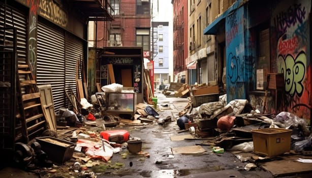 Garbage and piles of junk in city street, old damaged neighbourhood needs cleaning messy