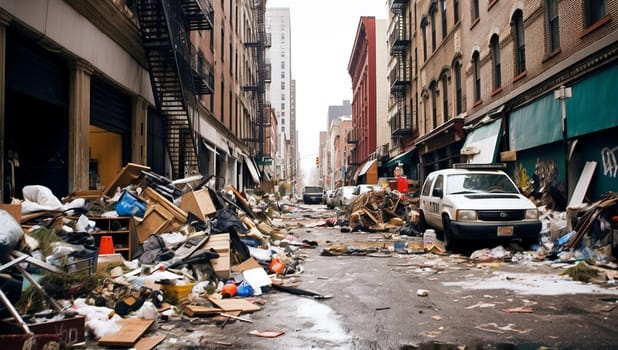 Garbage and piles of junk in city street, old damaged neighbourhood needs cleaning messy