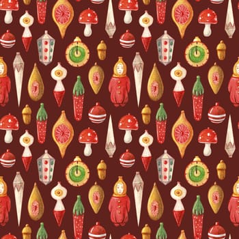 Vintage Christmas toys watercolor seamless pattern. New Year greeting card. It can be used to decorate holiday packages, fabrics, wrapping paper, textiles isolated on dark background.