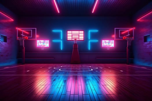 dark hoop neon arena basketball building illuminated competition game interior color corridor floor background indoor nobody space tunnel spotlight render hall empty. Generative AI.