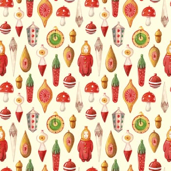 Vintage Christmas toys watercolor seamless pattern. New Year greeting card. It can be used to decorate holiday packages, fabrics, wrapping paper, textiles isolated on yellow background.
