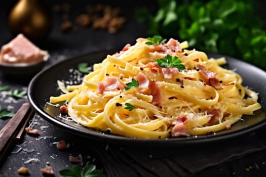 carbonara noodle mediterranean meat lunch food background italian meal italy tasty cooked traditional plate spaghetti cheese bacon cooking pasta sauce. Generative AI.