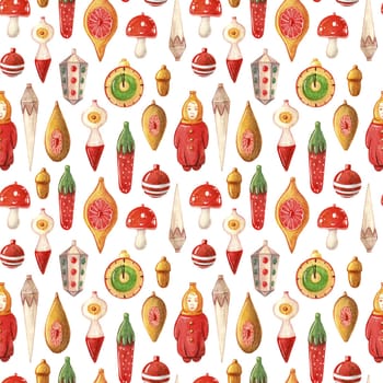 Vintage Christmas toys watercolor seamless pattern. New Year greeting card. It can be used to decorate holiday packages, fabrics, wrapping paper, textiles isolated on white background.